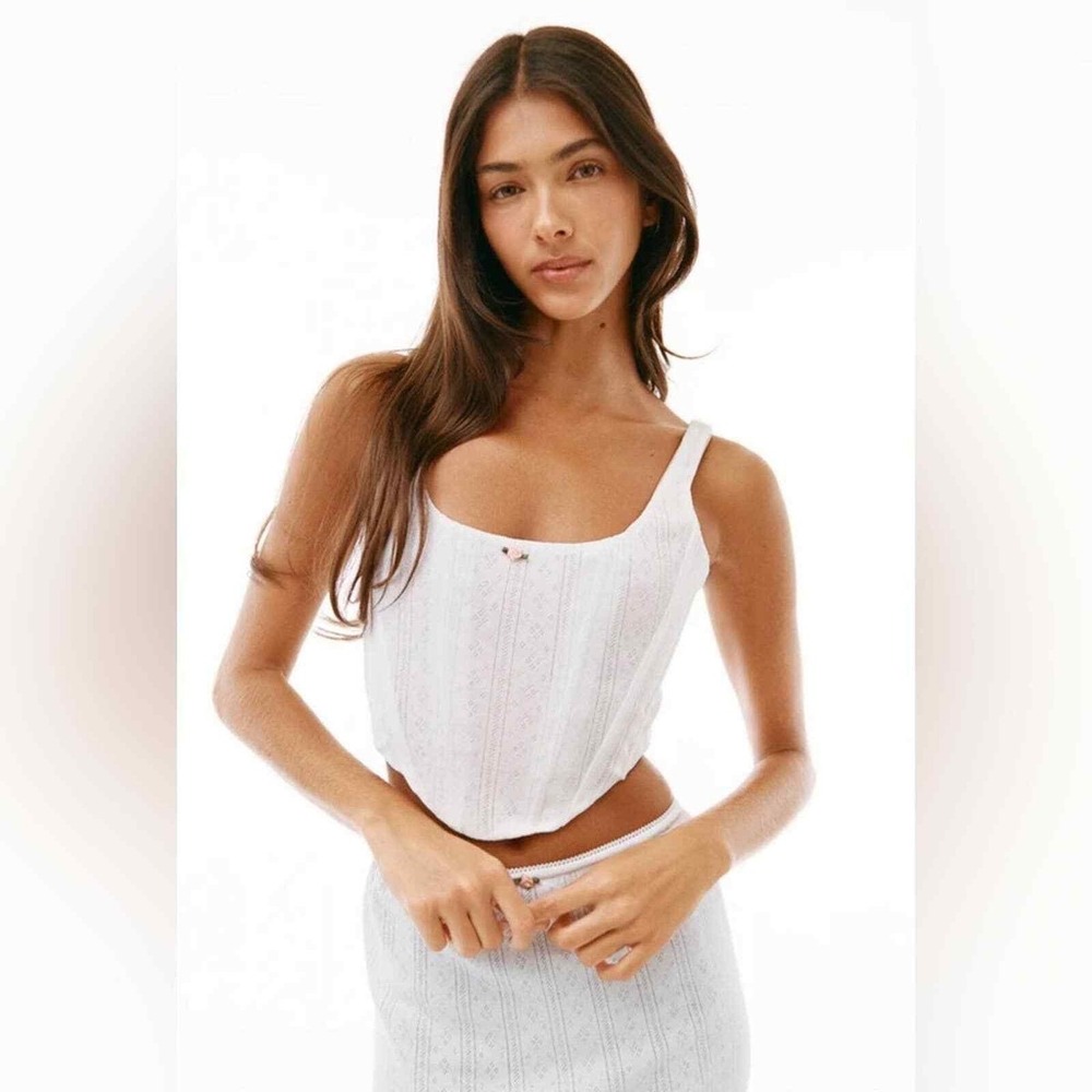 With Jean White Pointelle Cotton Corset Top Rosebud Detail Zip Back Small